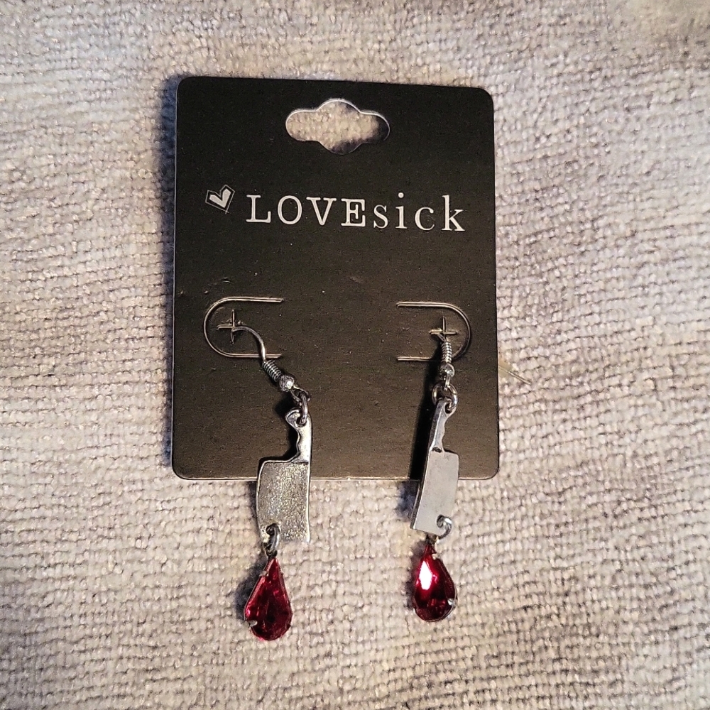 ⚡3/$20⚡ *NEW* LOVESICK Silver Hatchet Earrings with Ruby Droplet Hot Topic Goth